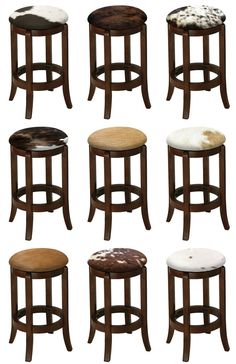 six stools with different types of cowhide on them, all in various sizes and colors