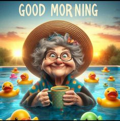 an elderly woman holding a coffee cup in the water with rubber ducks floating around her