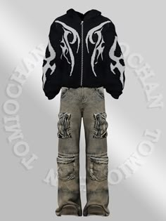 a black jacket and jeans with white designs on it