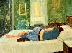 a painting of a person laying on a bed with a cat in the foreground