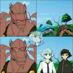 four different pictures of anime characters with turtle in the background