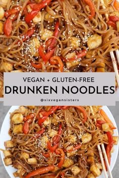 vegan and gluten - free noodle stir fry on a plate with chopsticks