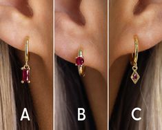 ▶ PURCHASING OPTIONS ◀ * Single = 1 earring * Pair = 2 earrings ▶ DETAILS ◀ Gold: 18K Gold Plated 925 Sterling Silver Silver: Rhodium Plated 925 Sterling Silver Hypoallergenic, nickel-free, and suitable for everyday wear Set with high lustre AAA grade CZ Inner Diameter: A - Ruby Baguette Dangle Hoop: 9mm B -  Ruby Charm Huggie Hoop: 8mm C - Ruby Rhombus Dangle Hoop: 9mm ▶ SHIPPING ◀ All orders will be shipped out the following business day after the order has been received. UNITED STATES - USPS Birthstone Earring, Dainty Earrings, Jewelry Pouch, Minimalist Earrings, Jewelry Earrings Hoops, Earring Gifts, Sterling Silver Earrings, Ruby, My Jewellery