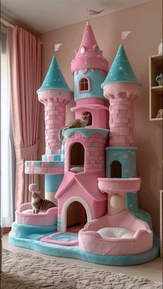 a child's bedroom with a pink castle bed in the middle and a cat sleeping on top