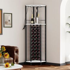 a wine rack in the corner of a living room