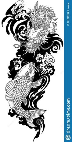 two koi fish in the water with waves and clouds on it's back