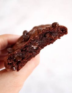 a person holding a chocolate cookie in their left hand with one bite taken from it