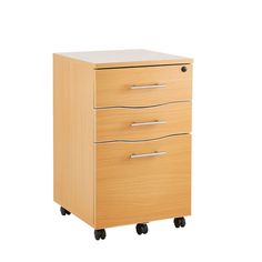 a wooden filing cabinet with three drawers on casteors and wheels, against a white background