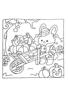 a coloring page with an image of some animals in a wheelbarrow and pumpkins