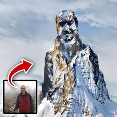 a man standing in front of a mountain with an arrow pointing to the right side