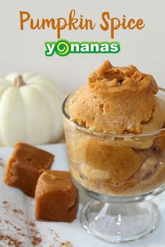 pumpkin spice yonnas in a glass dish with two pieces of cake on the side