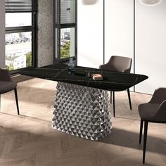 a modern dining table with black marble top and geometric design on the base, in front of large windows