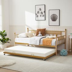 a day bed sitting on top of a hard wood floor next to a potted plant