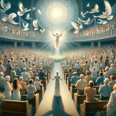 a woman standing in front of an audience with doves flying above her and the sun shining down