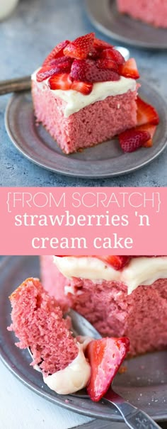 strawberry cake with cream cheese frosting and strawberries in the middle on a plate