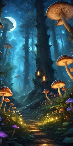 an image of a forest with mushrooms in the night time light up path and lights on the trees