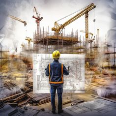 a man standing in front of a construction site looking at blueprints and cranes