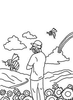 a black and white drawing of a man standing in the grass looking at a kite