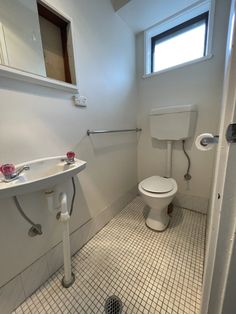 a white toilet sitting next to a sink in a bathroom on top of a tiled floor