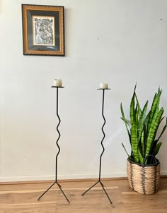 two candles stand next to each other near a potted plant on a wooden floor