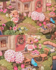 a painting of a teddy bear in a flowery garden with flowers and other items