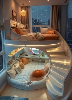 a room with two beds, couches and a spiral staircase leading to the top floor