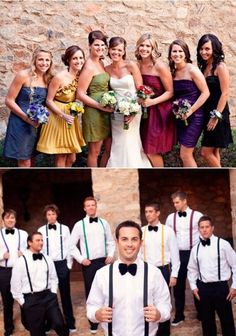 two pictures of the same bride and groom with their bridal party