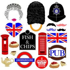 various british symbols are arranged in the shape of a hat and some other things to be seen