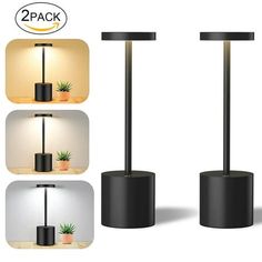 three different views of the same floor lamp with two plants on each side and one light up