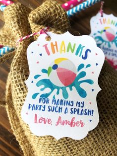 thank you for making my party such a splash love amber tags on burlap sack