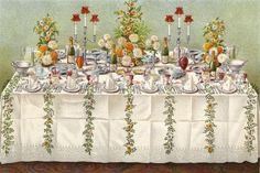 a painting of a table with flowers and plates on it, all covered in white linens