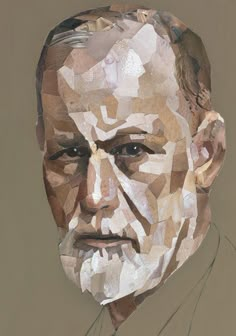 a painting of a man's face made up of different types of paper pieces