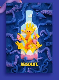 an advertisement for absolut is shown with hands reaching out from the bottle and octopuses surrounding it