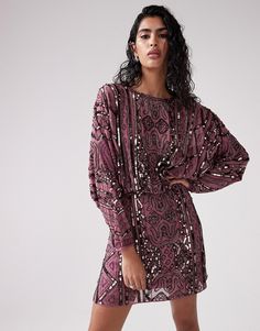 Dress by ASOS DESIGN More is more Round neck Batwing sleeves Open back Tie-back fastening Regular fit Delicately hand embellished – design may vary Formal Dresses Graduation, Embellished Mini Dress, Cocktail Dress Formal, Winter Party Dress, Long Sleeve Floral Dress, Satin Slip Dress, Floral Dress Black, Workwear Dress, Spring Dresses