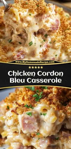 the chicken cordon bleu casserole is topped with cheese and ham