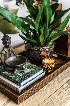 a table topped with a potted plant on top of a wooden tray next to a candle