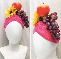 Foam fake fruits & flower covered in glitter atop a turban stretch knit hat. Choose your own fruit & flowers The one pictured is a apple, grapes & sunflower. You will not receive this exact turban, as this one has sold. You will receive one similar, created from the flower and fruit I have in stock. Each one is made to order and can be customised to suit your needs.  Please send a message with your order or message me first to discuss any requirements. Other colours and styles available on request, please see my other listings. Please allow at least a week for the creation of your item, possibly longer if you require it customized. Fruit Hat Diy, Orange Fruit Costume, Banana Headpiece, Fruit Basket Headpiece, Banana Hat, Glitter Fruit, 1930s Hat With Faux Fruit, Fruit Hat, 1940s Hollywood