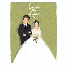 a couple in wedding attire standing next to each other with the words save the date written on them