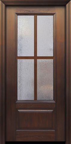 a wooden door with frosted glass on it