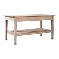 an old wooden table with one shelf on the bottom and two shelves below it, against a white background