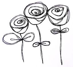 three flowers are drawn in black ink on white paper