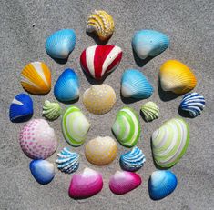 colorful sea shells arranged in a circle on the sand