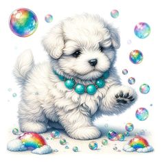 a white puppy is standing in front of soap bubbles