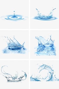 water splashes in different shapes and sizes on white background, set of four images