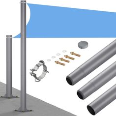 three different types of metal poles and fittings for an outdoor area with blue sky in the background