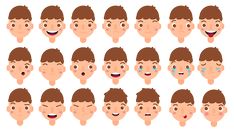 a set of cartoon male faces with different facial expressions