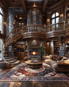 a large living room with lots of furniture and a fire place in the middle of it