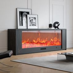 a modern fireplace in the middle of a living room