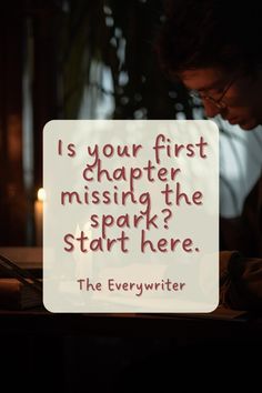 a man sitting at a table in front of a laptop computer with the words, is your first character missing the spark? start here