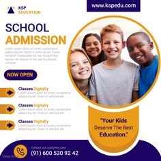 a school flyer with three children smiling for the camera and texting,'your kids deserves the best education '